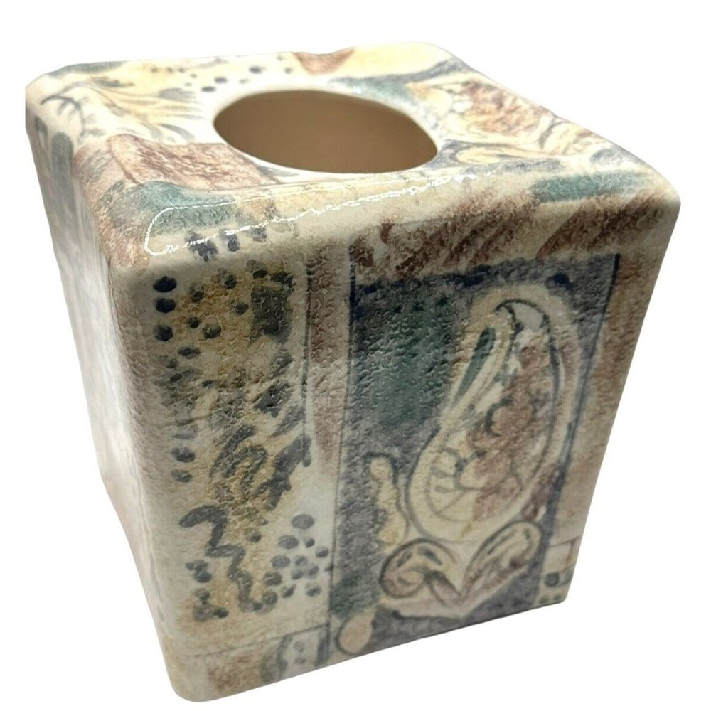 Catania Tissue Box Cover Ceramic Hand Painted Earth Tones Abstract Pattern